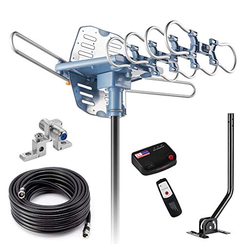 2019UPDATED-150 Miles-Amplified Outdoor TV Antenna-4K/1080p High Reception+40FT RG6 Cable-360Â°Strong Motor Rotation Wireless Remote- Snap On Installation+2TV Function