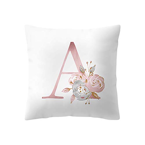 Book Cover Konxxtt Throw Pillow Case, Rose Gold Pink 26 Letters Floral Cushion Cover Home Girls Room Sofa Decor Modern Pillow Slip (18x18 / 45x45cm) (A, 18x18 / 45x45cm)
