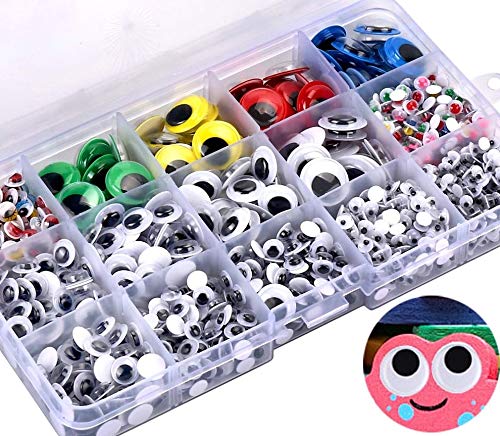 1400Pcs Googly Wiggle Eyes with Self-Adhesive in Portable Plastic Box, Round Wobbly Eyes Sticker Multi Colors and Sizes for DIY Craft Scrapbooking Decorations