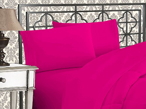 Book Cover Elegant Comfort Luxurious 1500 Thread Count Egyptian Three Line Embroidered Softest Premium Hotel Quality 4-Piece Bed Sheet Set, Wrinkle and Fade Resistant, King, Hot Pink