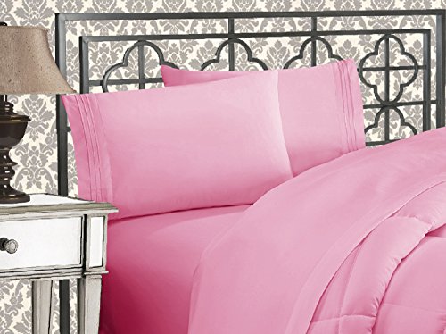 Elegant Comfort Luxurious 1500 Thread Count Egyptian Three Line Embroidered Softest Premium Hotel Quality 4-Piece Bed Sheet Set, Full, Light Pink