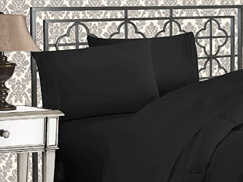 Book Cover Elegant Comfort Luxurious 1500 Thread Count Egyptian Quality Three Line Embroidered Softest Premium Hotel Quality 4-Piece Bed Sheet Set, Wrinkle and Fade Resistant, Queen, Black