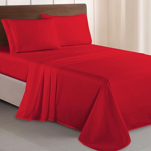 Elegant Comfort Luxurious 1500 Thread Count Egyptian Quality Three Line Embroidered Softest Premium Hotel Quality 4-Piece Bed Sheet Set, Wrinkle and Fade Resistant, Queen, Red