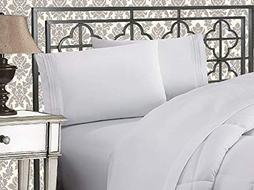 Elegant Comfort Luxurious 1500 Thread Count Egyptian Three Line Embroidered Softest Premium Hotel Quality 4-Piece Bed Sheet Set, Wrinkle and Fade Resistant, Queen, Royal Blue