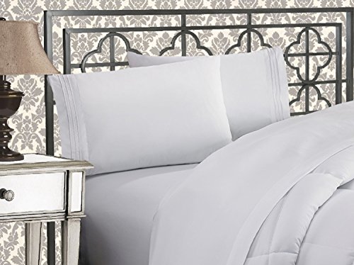Elegant Comfort Luxurious 1500 Thread Count Egyptian Quality Three Line Embroidered Softest Premium Hotel Quality 4-Piece Bed Sheet Set, Wrinkle and Fade Resistant, Full, White