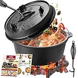 Overmont Camp Dutch Oven Pre Seasoned Cast Iron Lid Also a Skillet Casserole Pot with Lid Lifter for Camping Cooking BBQ Baking 9QT(Pot+Lid)