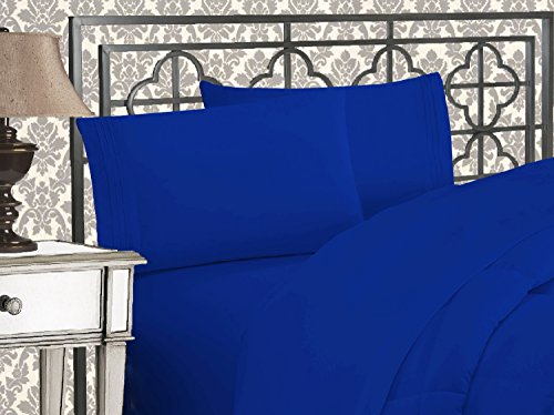 Elegant Comfort Luxurious 1500 Thread Count Egyptian Three Line Embroidered Softest Premium Hotel Quality 4-Piece Bed Sheet Set, Wrinkle and Fade Resistant, King, Royal Blue