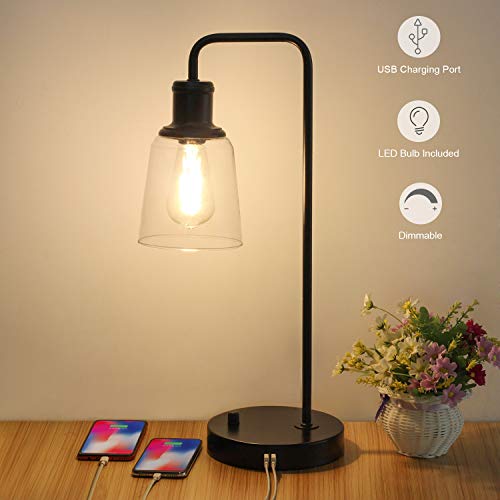 Industrial Table Lamp, Vintage Nightstand Lamp with Dual USB Ports Antique Office Lamp Glass Shade Metal Desk Reading Lamp for Bedroom, Living Room, Dorm, 6W 2700K Dimmable LED Edison Bulb Included