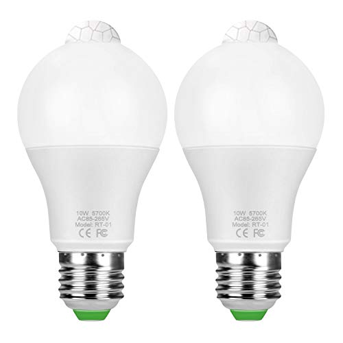 Sunnest Motion Sensor Light Bulbs, 10W E26 Motion Activated Dusk to Dawn LED Light Bulbs Motion Sensor Bulb Outdoor/Indoor for Front Door Porch Garage Basement Hallway Closet (Cold White 2 Pack)