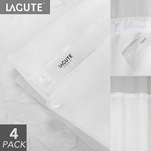 Book Cover Lagute SnapHook Hookless Shower Curtain Replacement Snap-in Liner, Wipe Clean Machine Washable, Quick-Drying, No Chemical Odors, PEVA (4 Pack)