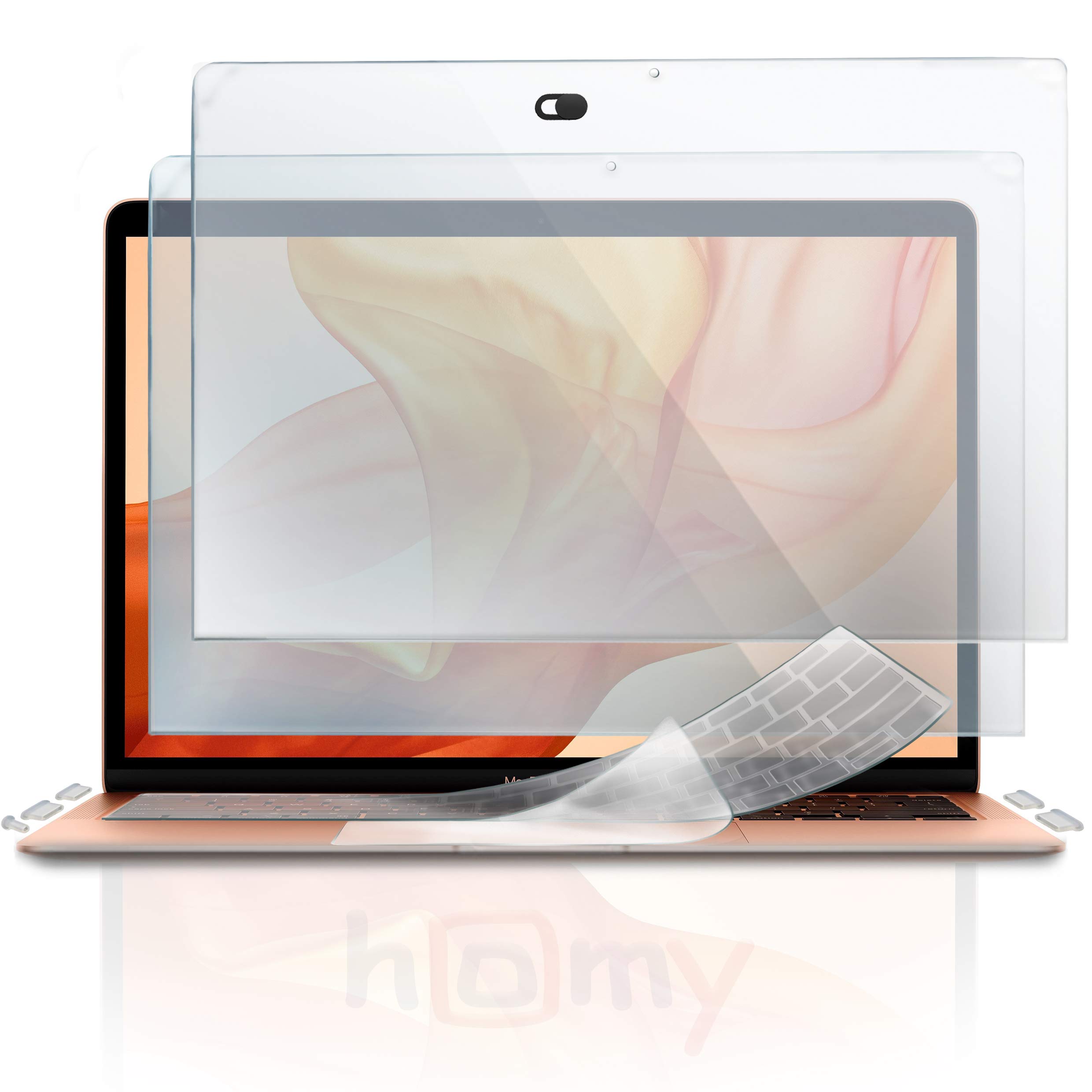 Homy Full Protection Kit for New MacBook Air 13 inch Retina 2018-2021: 2x Matte Screen Protector, Keyboard Cover Touch ID, 2x WebCam Sliding Cover, Dust Plugs, TrackPad Cover A1932 A2179 A2337 M1.