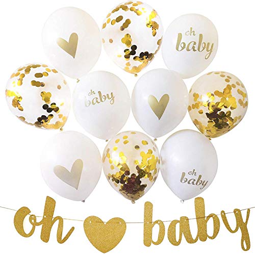Baby Shower Banner with 10 Balloons, Gold Glittery Letters Baby Heart Banner with Heart with 10 Balloons for Baby Shower Party Pregnancy Announcement Birthday Decorations Little Boy or Girl