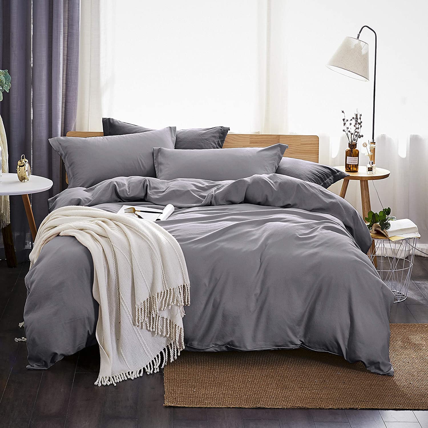Dreaming Wapiti Duvet Cover Queen,Washed Microfiber Grey Queen Size Duvet Cover Set,Solid Color - Soft and Breathable with Zipper Closure & Corner Ties (Gray, Queen) Queen Gray