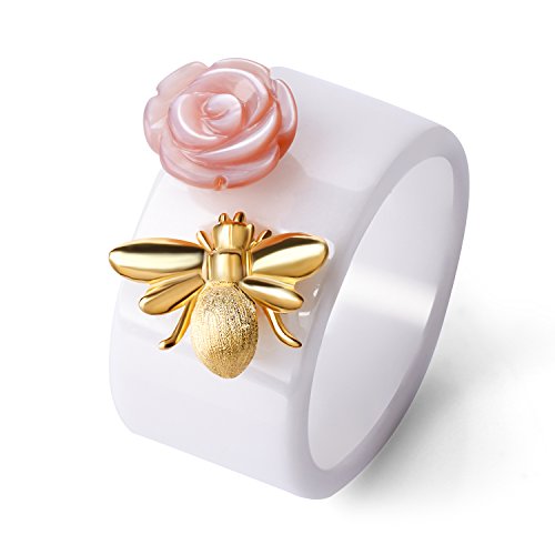 Lotus Fun Gifts for Christmas S925 Sterling Silver Ring Handmade Unique Thumb Ring Bee Kiss from a Rose Ceramics Jewelry Gift for Women and Girls