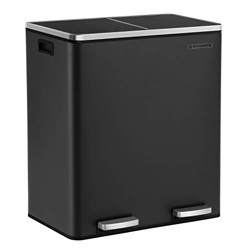 SONGMICS Trash Garbage Can, 16 Gal (60L) Rubbish, Metal Step Bin, with Dual Compartments, Plastic Inner Buckets and Hinged Lids, Handles, Soft Closure, Airtight, Black