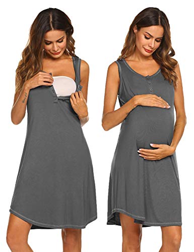 Sexyfree Maternity Gown Womens Sleeveless Nursing Nightwear Button Up Hospital Nightdress S-XXL