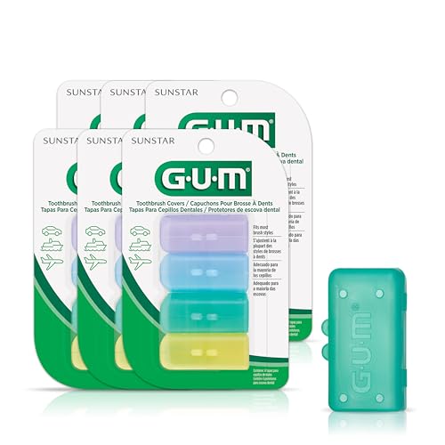 GUM Antibacterial Toothbrush Covers for Travel, Home, or Camping, 24 Covers, Multi-Coloured (6 Packs of 4 Covers)