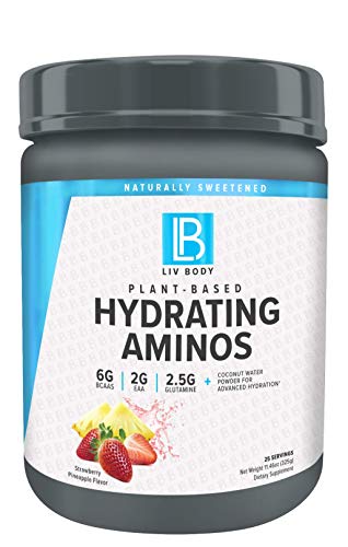 LIV Body | LIV Plant Based Hydrating Aminos | 6g of BCAA, 2g of EAA & 2.5g of Glutamine | Coconut Water Powder for Advanced Hydration | 2 Great Flavor Options (Strawberry Pineapple)