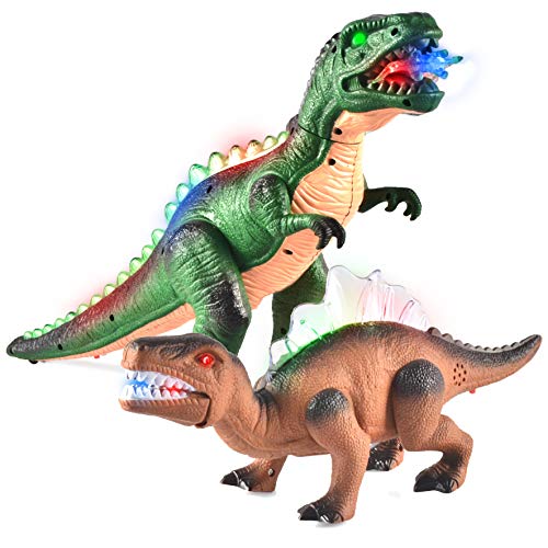 Book Cover JOYIN 2 Pcs Big LED Light Up Dinosaur Toys, Walking Realistic T-Rex Dinosaur Figures with Roaring Sound, Electronic Dino Toys for Kids, Easter Basket Stuffers, Birthday Party Favor
