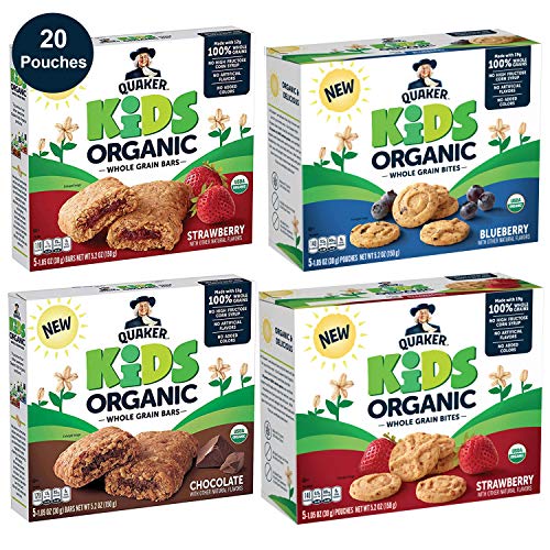 Book Cover Quaker Kids Organic Multigrain Bars and Bites, Sampler Pack, 20 Pouches, USDA Certified Organic, 1.05 Ounce (Pack of 20)