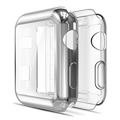 Book Cover Simpeak Soft Screen Protector Bumper Case Compatible with Apple Watch 38mm Series 2 Series 3, Pack of 2, All-Around, Clear+Plated Silver