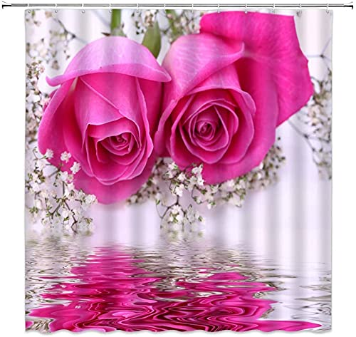 Book Cover Maxwelly 3D Pink Rose Shower Curtain Polyester Floral Shower Curtain Set with Hooks for Bathroom Decor - Waterproof - 72-Inch by 72-Inch