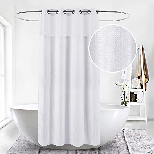 Book Cover HappyBath Extra Long 71x79 Hookless White Waffle Fabric Shower Curtain for Bathroom with Removable Polyester Liner-100% Waterproof