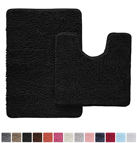Book Cover Gorilla Grip Original Shaggy Chenille 2 Piece Bath Rug Set Includes Oval U-Shape Contoured Mat for Toilet and 30x20 Carpet Rugs, Machine Wash Dry, Plush Mats for Tub, Shower and Bath Room, Black