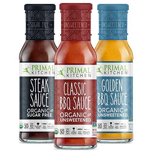 Book Cover Primal Kitchen 3 Pack Organic and Unsweetned Barbeque & Steak Sauce - Whole 30 Approved, Keto, Paleo Friendly - Includes: Classic BBQ, Golden BBQ, and Steak Sauce