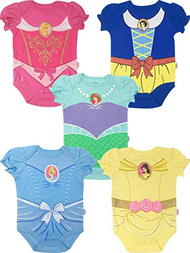 Book Cover Disney Princess Baby Girls' 5 Pack Bodysuits Belle Cinderella Snow White Aurora, 3-6 Months