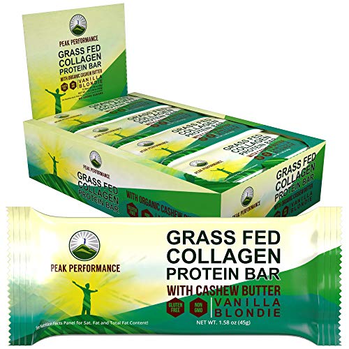 Grass Fed Collagen Protein Bar by Peak Performance. Delicious Paleo and Keto Friendly Snack with Organic Cashew Butter. Clean, Non GMO, Gluten Free Vanilla Flavor Bars. A Perfect Primal Treat! 12 Pack
