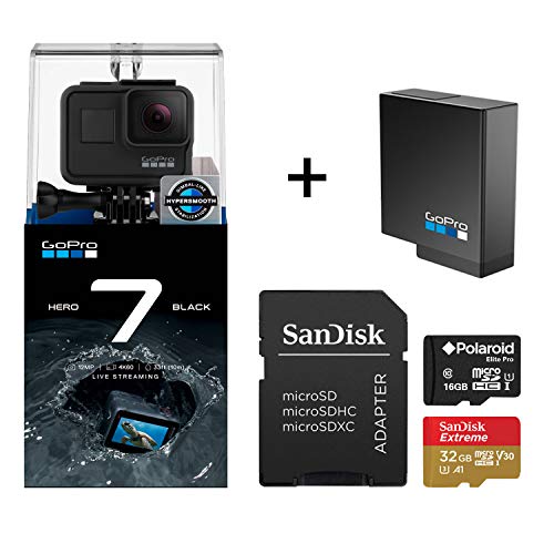 GoPro Hero 7 Black Action Camera + Extra USA Battery + Sandisk 32GB MicroSDHC U3 and Free Polaroid 16GB MicroSD Memory Card