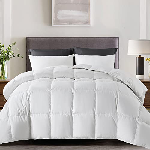 Book Cover WhatsBedding White California King Feather Comforter, Filled with Feather & Down - Medium Warmth All Season Feather Bed Comforter or Stand Alone Duvet Insert - 100% Cotton Cover - 104x96 Inch