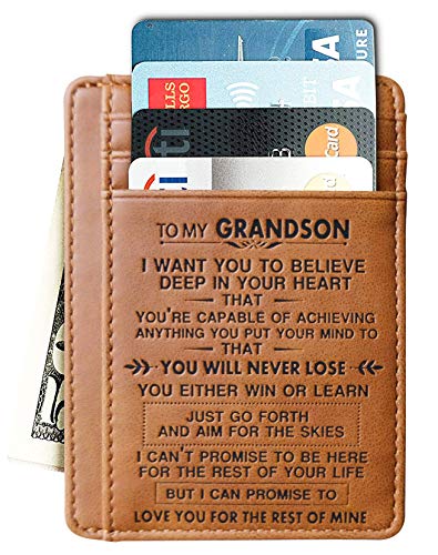 Engraved Leather Card Holder Front Pocket Wallet Gift for Son Husband Grandson Minimalist Slim Wallet RFID