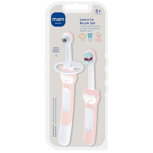MAM Learn to Brush Set (1 Baby's Brush Toothbrush, 1 Training Brush, 1 Safety Shield), Baby Toothbrushes with Brushy the Bear, Interactive App, for Girls 5+ Months, Blue