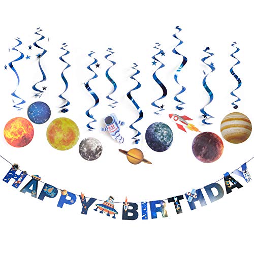 Solar System Hanging Decoration Universe Space Happy Birthday Banner Outer Space Whirls Hanging Swirl for Kids Birthday Solar System Party Supplies, 11 Pcs, SUNBEAUTY