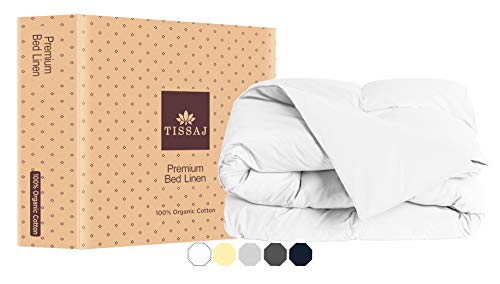 Tissaj Duvet Cover Full & Queen Size - Ultra White Color - 100% Organic Cotton - GOTS Certified - 300 TC Thread Count Soft Sateen - for Duvet Insert, Down/Alternative Comforter, Weighted Blanket