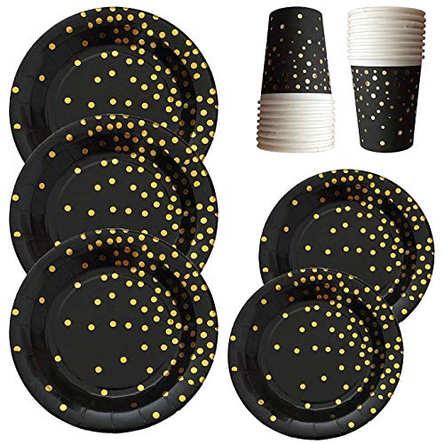 Black and Gold Party Supplies - 72-piece 24 Sets Disposable Paper Plates with Gold Foiled Polka Dot Confetti Disposable Dinnerware Plates and Cups Party Set - 9" Plates, 7" Plates, 9oz Cups