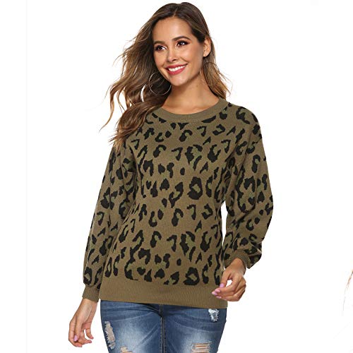 Book Cover Hirate Women Knit Sweater Puff Long Sleeve Sweater Crewneck Cardigan Loose fit Pullover Leopard Sweater