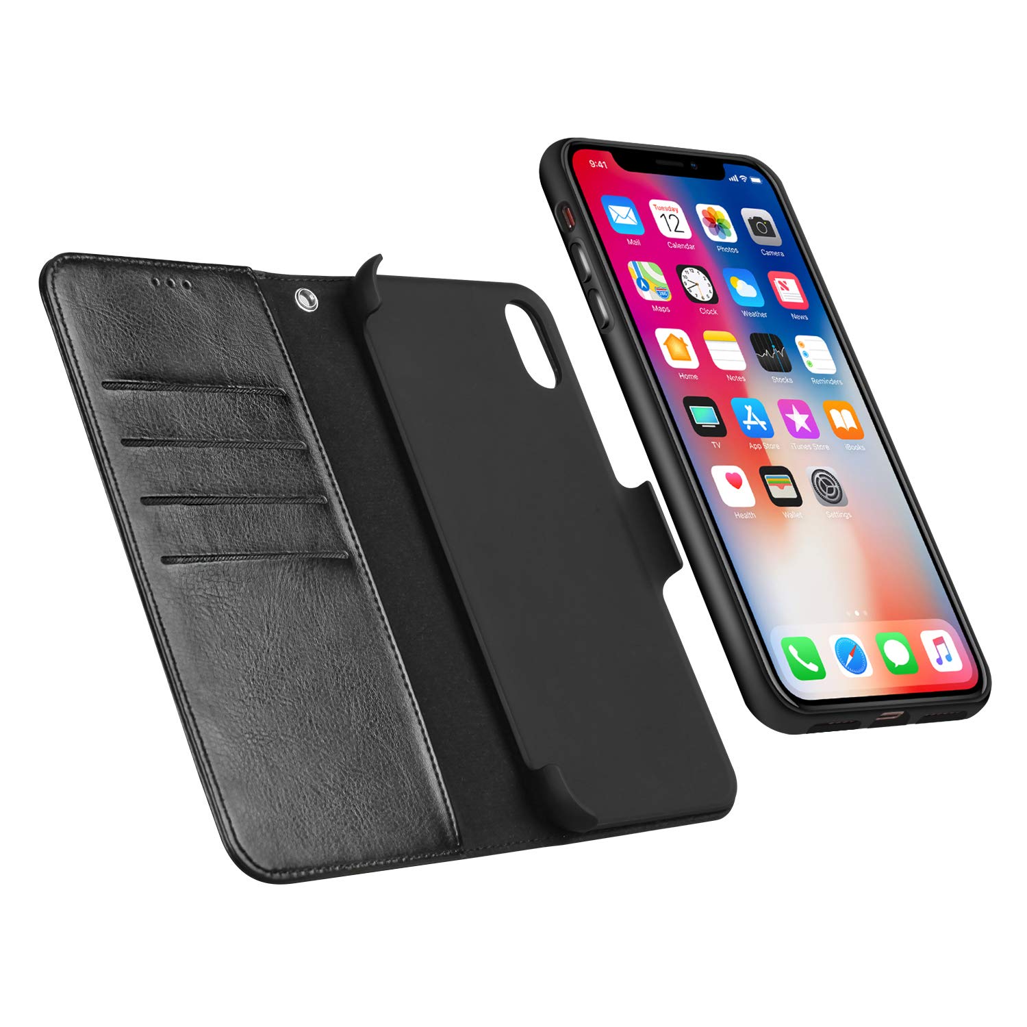Book Cover Lopie iPhone Xs Max Wallet Case Detachable, [Explorer Series] 2-in-1 Slim iPhone Xs Max Leather Case with a Removable Vegan Leather Folio Flip Cover, Support Wireless Charging (Qi) - Black