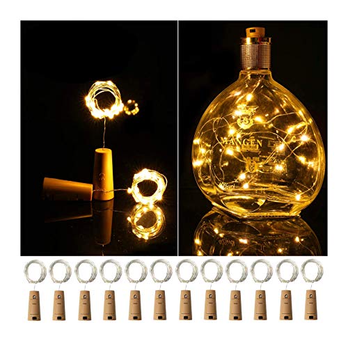 Ehome Wine Bottle Lights with Cork, 12 Pack Starry Fairy Lights Battery Operated, 7.2ft 20LED Cork Shape Silver Copper Wire String Lights for Party Christmas Decoration Halloween Wedding - Warm White