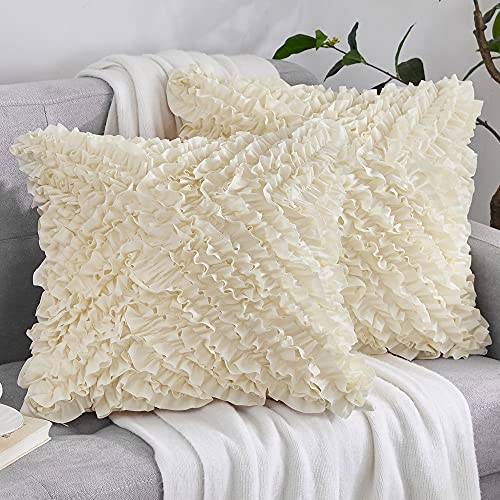 Book Cover Oubonun 20 x 20 Decorative Throw Pillow Covers Boho Set of 2 - Farmhouse Floral Pillow Covers - Polyester Pillowcase with Zipper - Romantic Fluffy Soft Pillow Covers for Couch Sofa Bed(Cream)