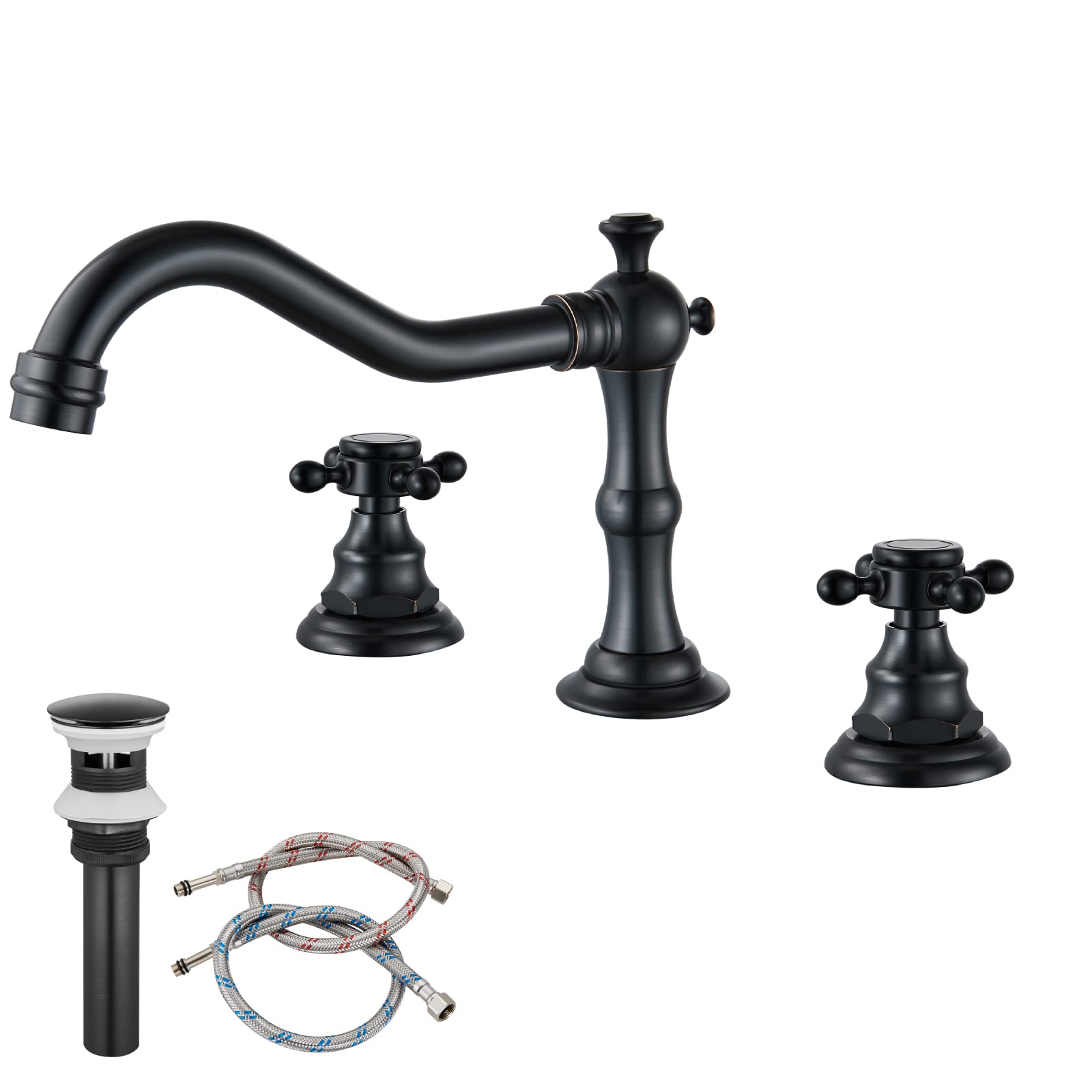 Victorian Widespread Deck Mounted Three Holes Double Handles Bathroom Sink Faucet with Matching Pop Up Drain with Overflow,Oil Rubbed Bronze Vintage