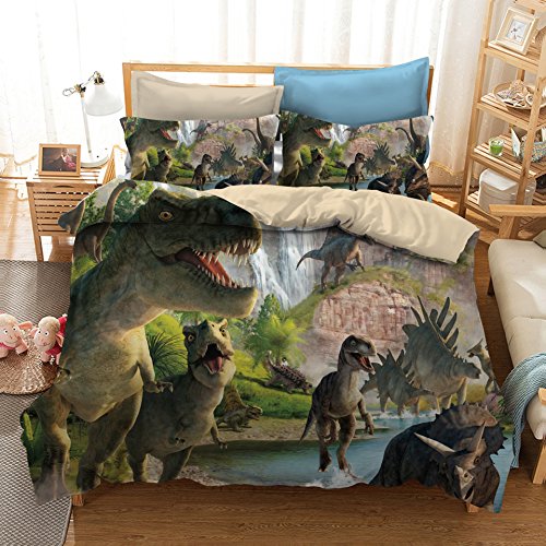 ADASMILE A & S Dinosaur Bedding Set Jurassic Age T-Rex Raptors Duvet Cover and Pillowcase Set Kids Boys Bedroom Decoration Bed Set Microfiber Fabric No Comforter-Twin 2pcs