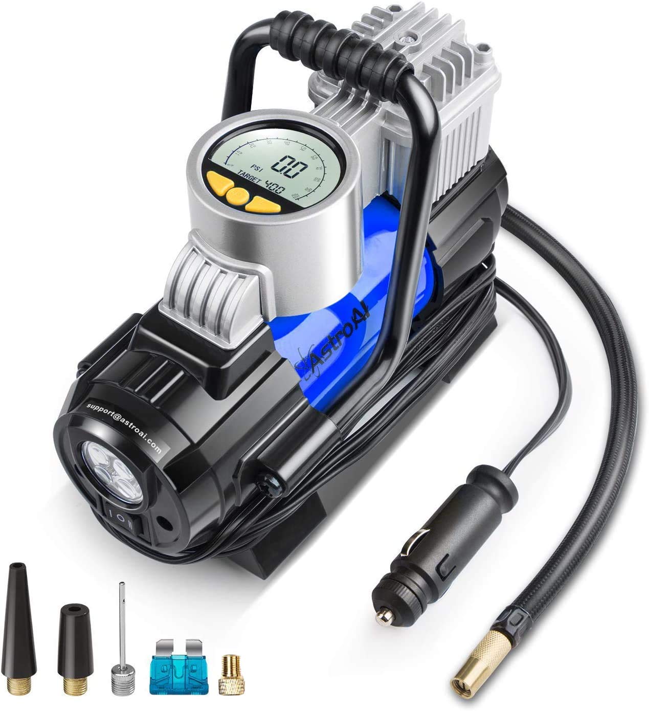 Book Cover AstroAI Portable Air Compressor Pump, Digital Tire Inflator 12V DC Electric Gauge with Larger Air Flow 35L/Min, LED Light, Overheat Protection, Extra Nozzle Adaptors and Fuse