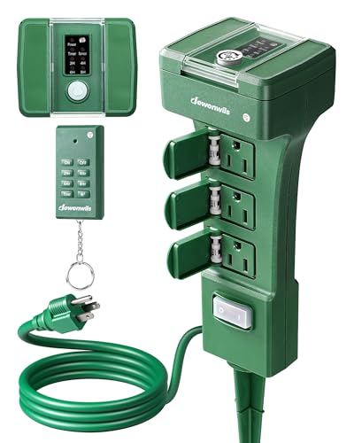 DEWENWILS Outdoor Power Stake Timer Waterproof, 100FT Range Remote Control Outlet Timer, 6 Grounded Outlets 6FT Cord, Photocell Dusk to Dawn, for Lights, Garden, 1875W/15A UL Listed