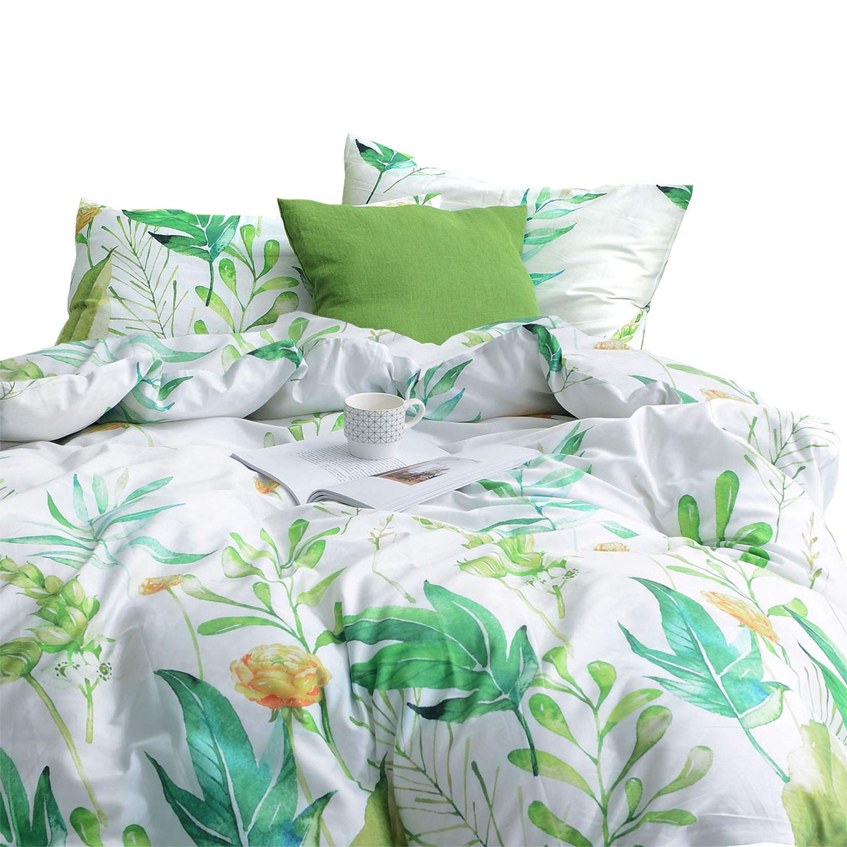 Book Cover Wake In Cloud - Floral Comforter Set, 100% Cotton Fabric with Soft Microfiber Fill Bedding, Botanical Flowers and Green Tree Leaves Pattern Printed on White (3pcs, King Size)