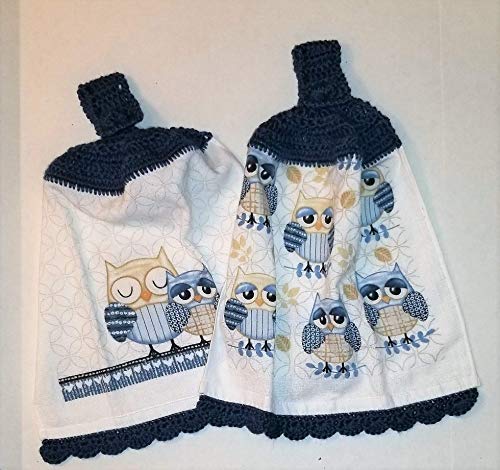 Blue Owls Set of 2 Crochet Top Hanging Kitchen Towel with Decorative Bottom Edge