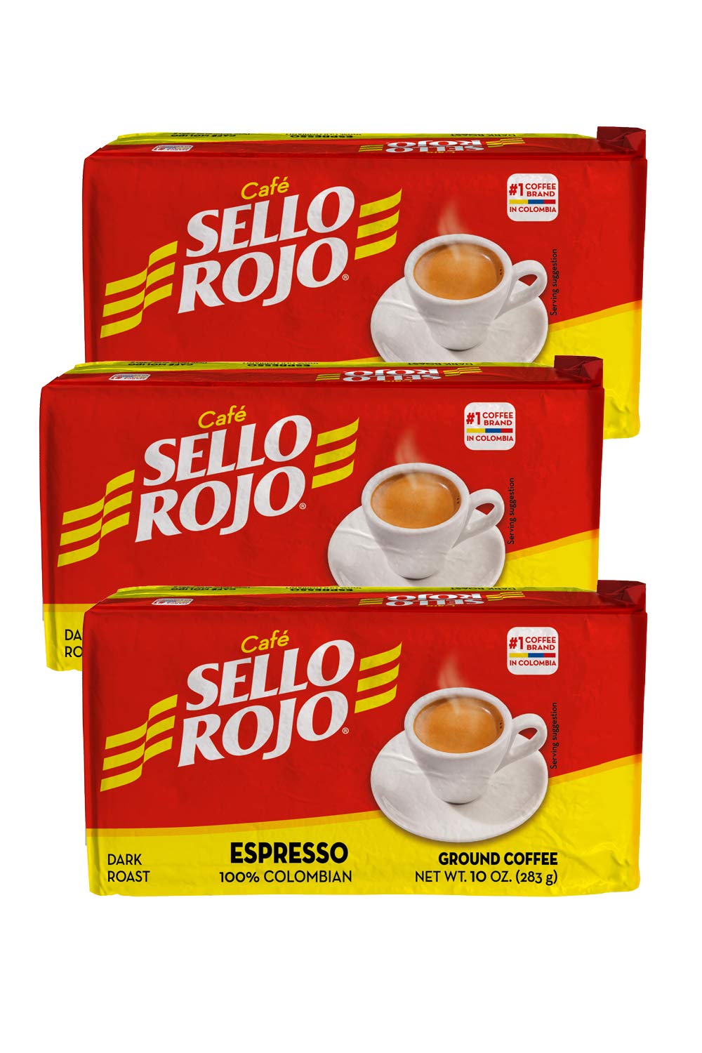 Café Sello Rojo Espresso | 100% Colombian Dark Roast Ground Arabica Coffee | Freshly Vacuum Sealed in Bricks | 10 Ounce (Pack of 3)