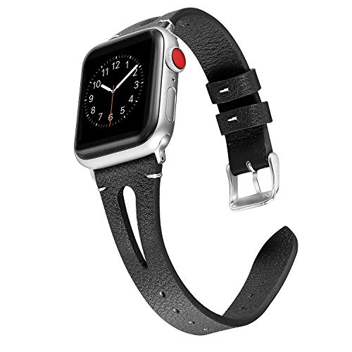 Book Cover Secbolt Leather Bands Compatible with Apple Watch Band 38mm 40mm iwatch SE Series 6 5 4 3 2 1, Slim Strap with Breathable Hole Replacement Wristband Women, Black